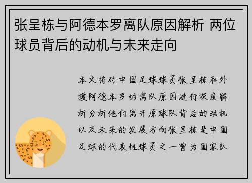 张呈栋与阿德本罗离队原因解析 两位球员背后的动机与未来走向